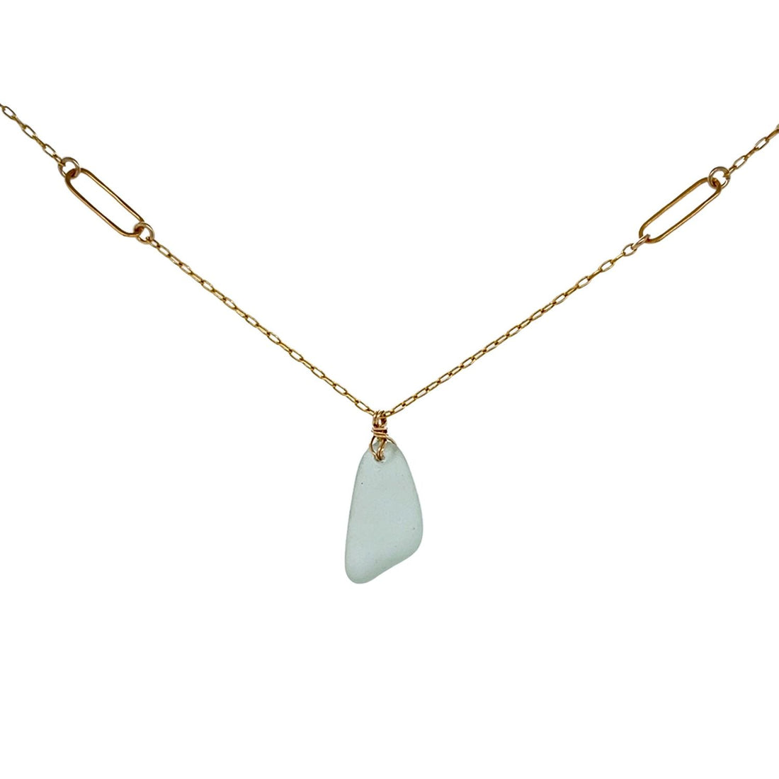 Seafoam Sea Glass Paperclip Gold Necklace