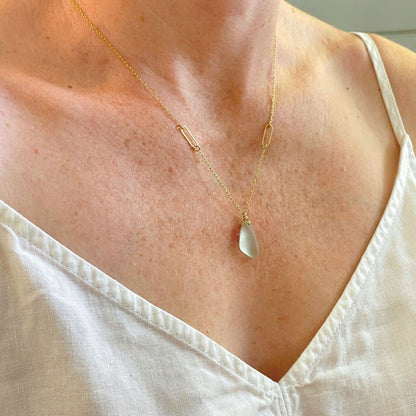 Seafoam Sea Glass Paperclip Gold Necklace