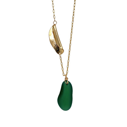 Green Sea Glass Gold Necklace With Folded Leaf Charm