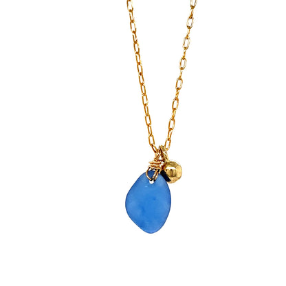 Blue Sea Glass Gold Nugget Necklace