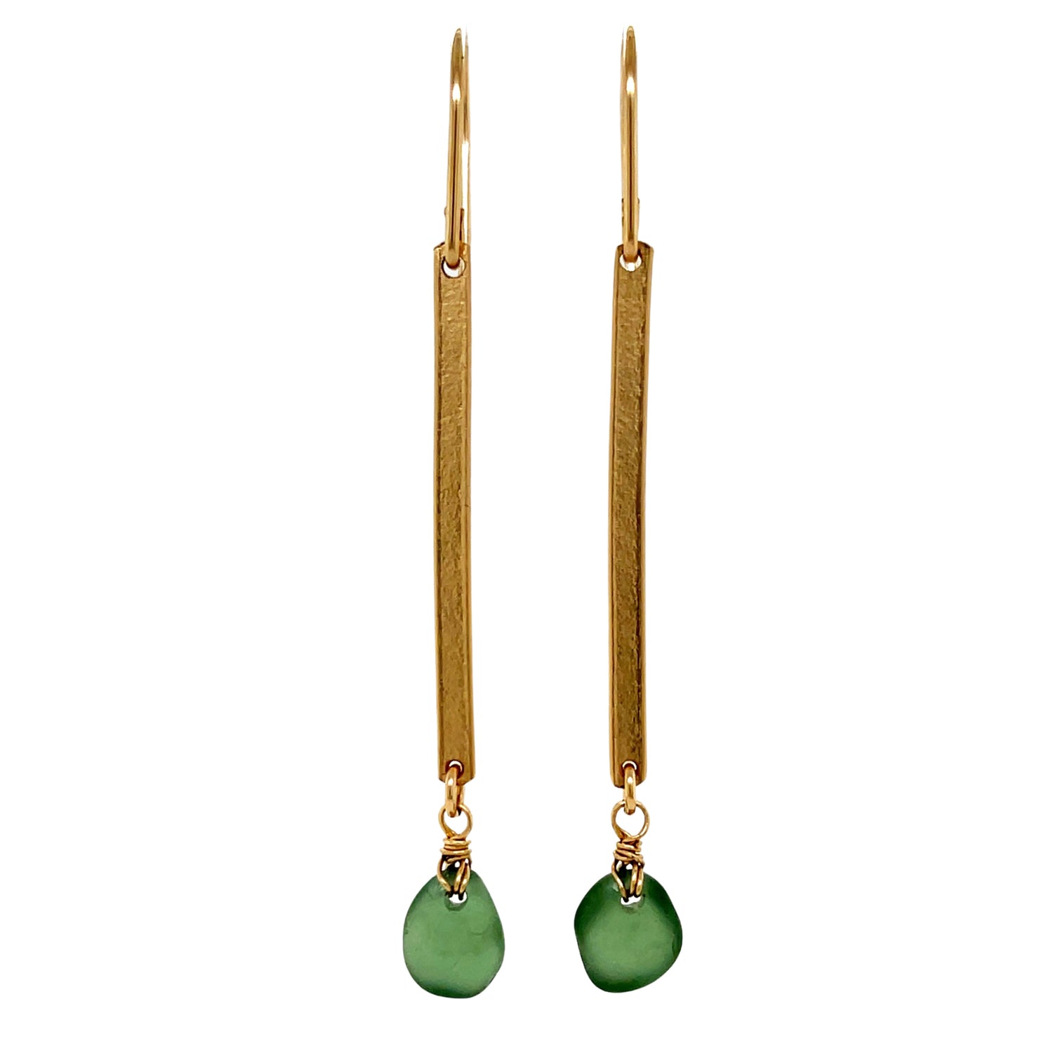 Green Sea Glass Gold Bar Earrings