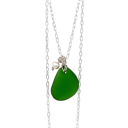 Emerald Green &amp; Pearl Silver Sea Glass Necklace