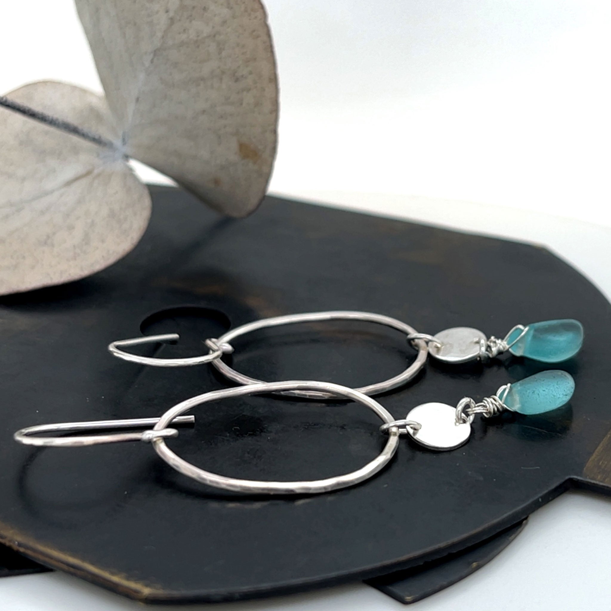 Turquoise Sea Glass Silver Chandelier Earrings