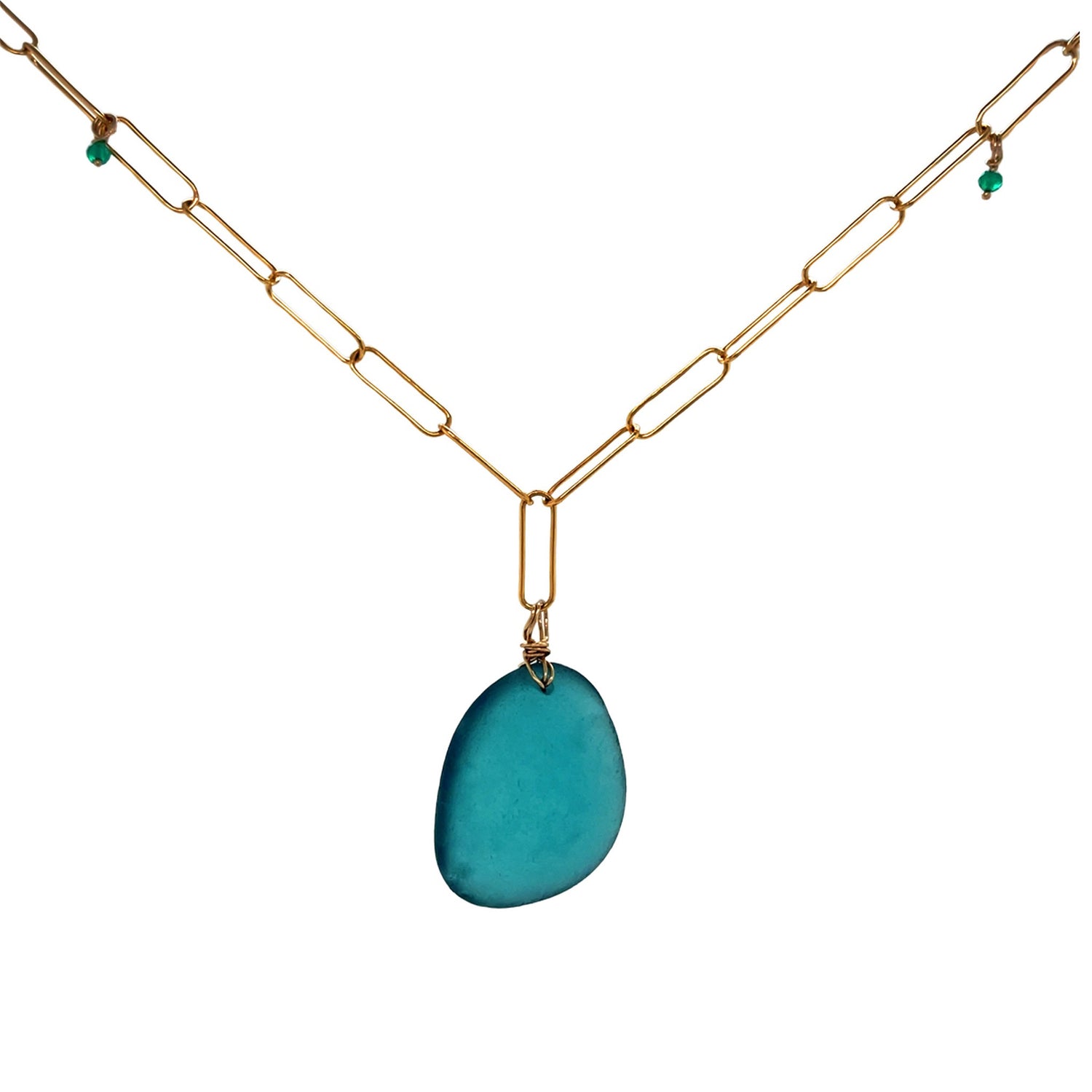 Green Onyx &amp; Teal Sea Glass Gold Statement Necklace