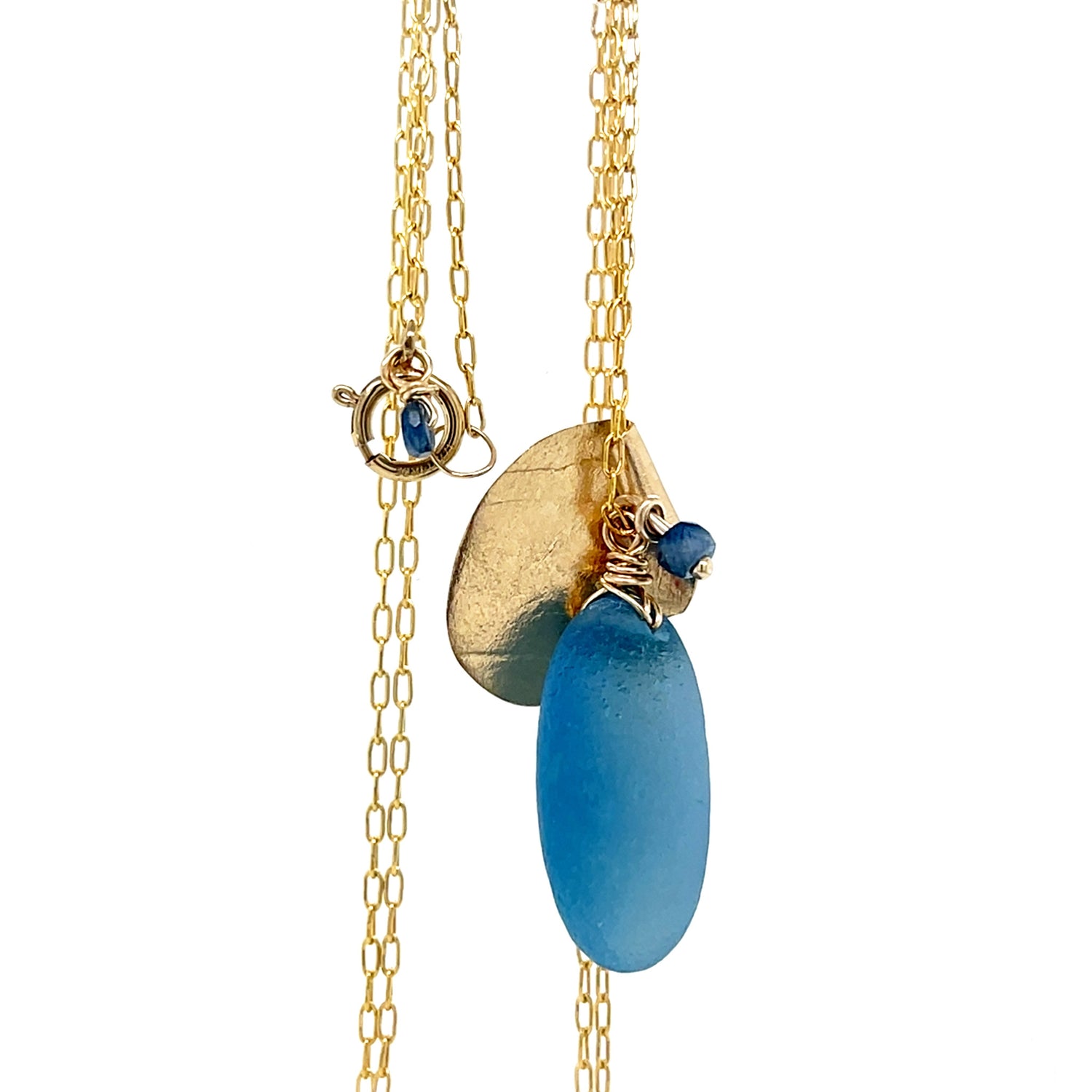 Denim Blue Sea Glass Gold Leaf Necklace