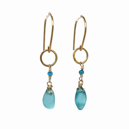 Turquoise Sea Glass &amp; Apatite Gold Earrings