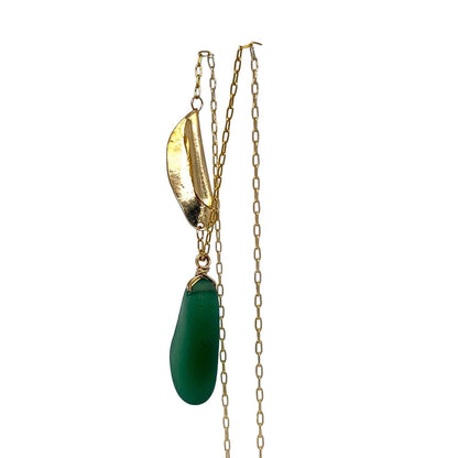 Green Sea Glass Gold Necklace With Folded Leaf Charm
