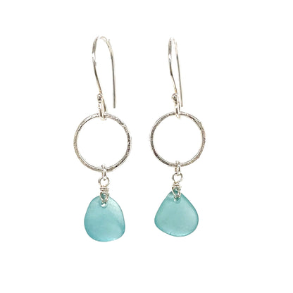 Turquoise Sea Glass Silver Circle Earrings