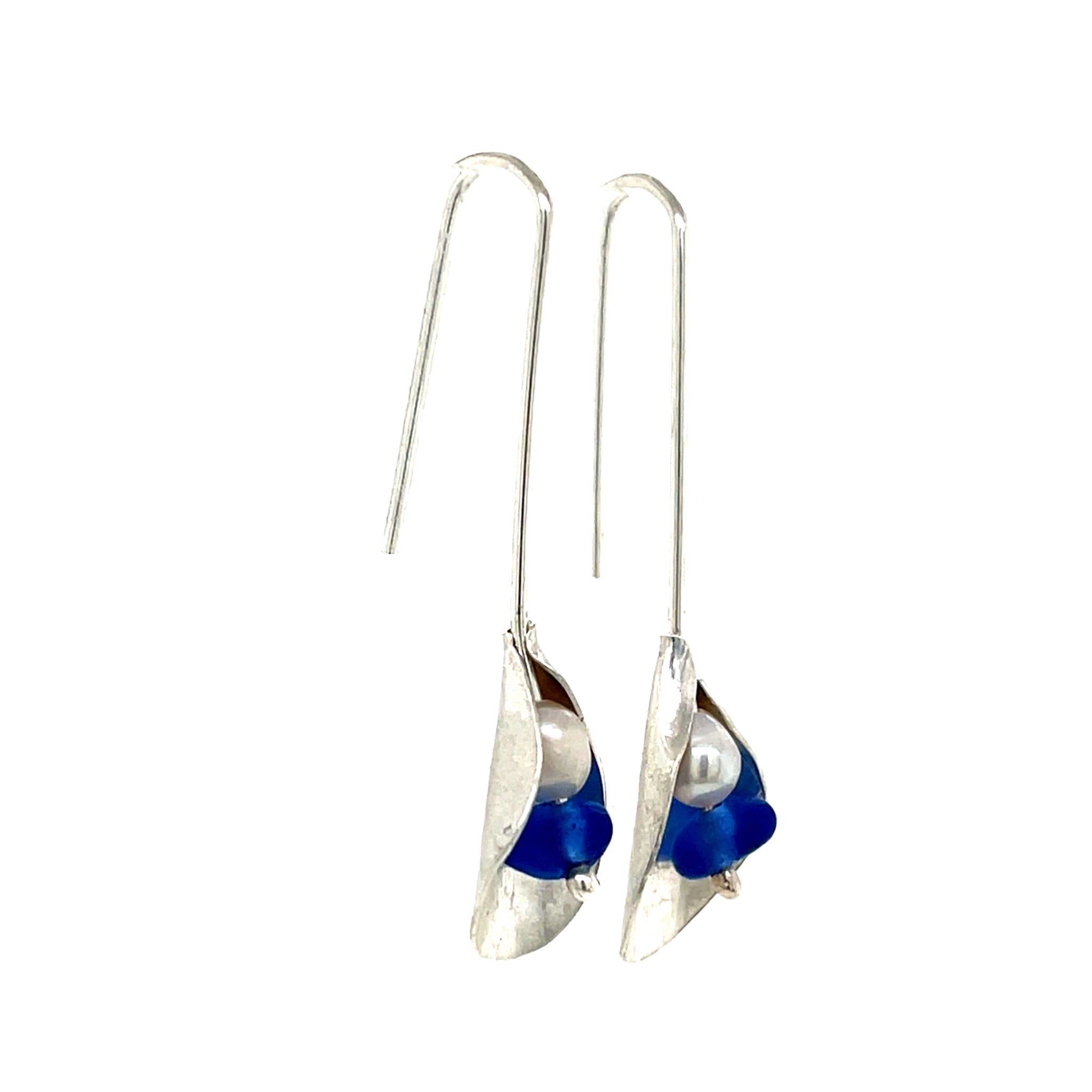 Blue Sea Glass &amp; Pearl Silver Drop Earrings