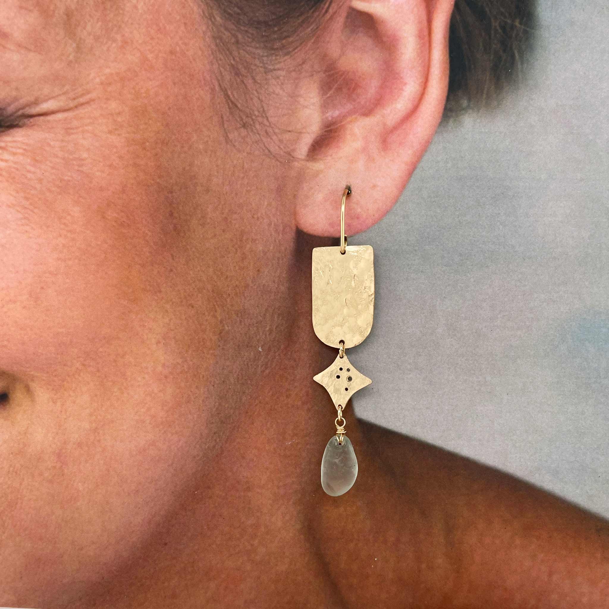 Gold Star Earrings -  Gold Matte Hammered Star Earrings - Seafoam Earrings - Statement Earrings
