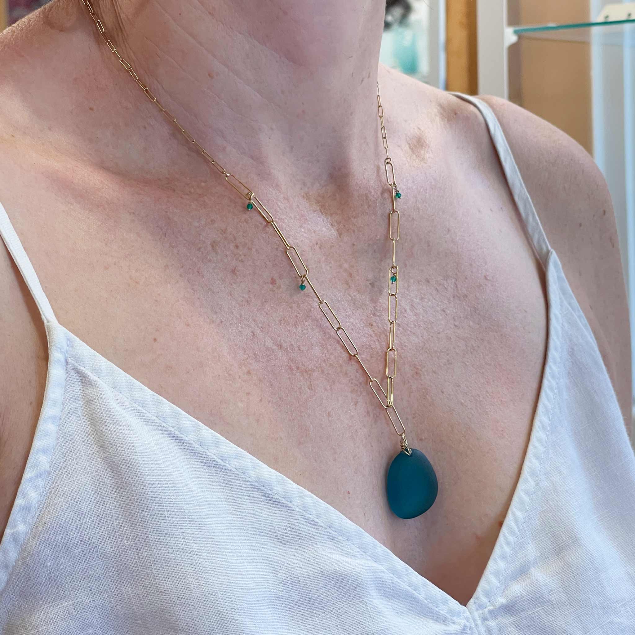 Green Onyx &amp; Teal Sea Glass Gold Statement Necklace