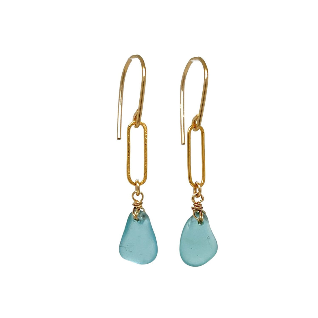 Turquoise Sea Glass Paperclip Gold Earrings