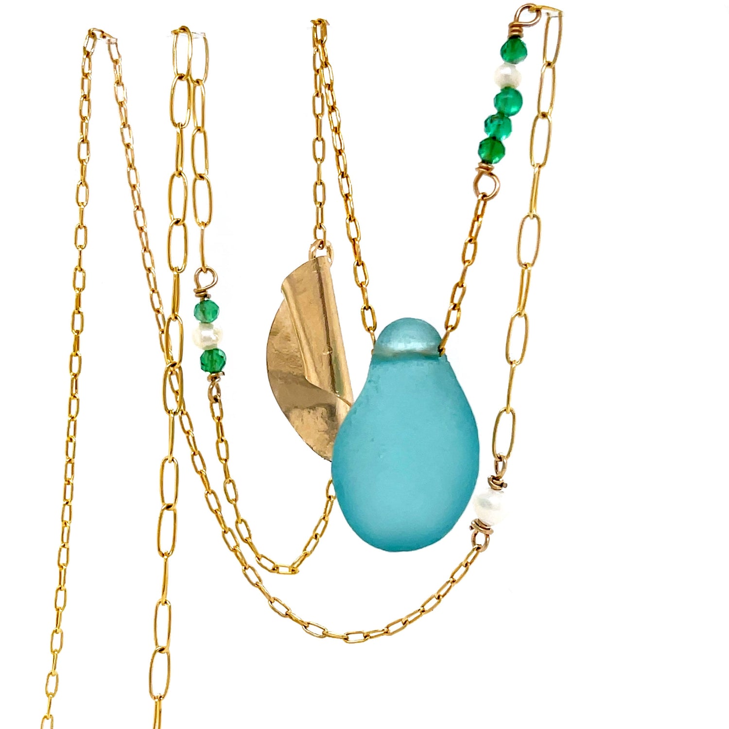 Turquoise Sea Glass, Pearl &amp; Green Onyx Gold Leaf Necklace