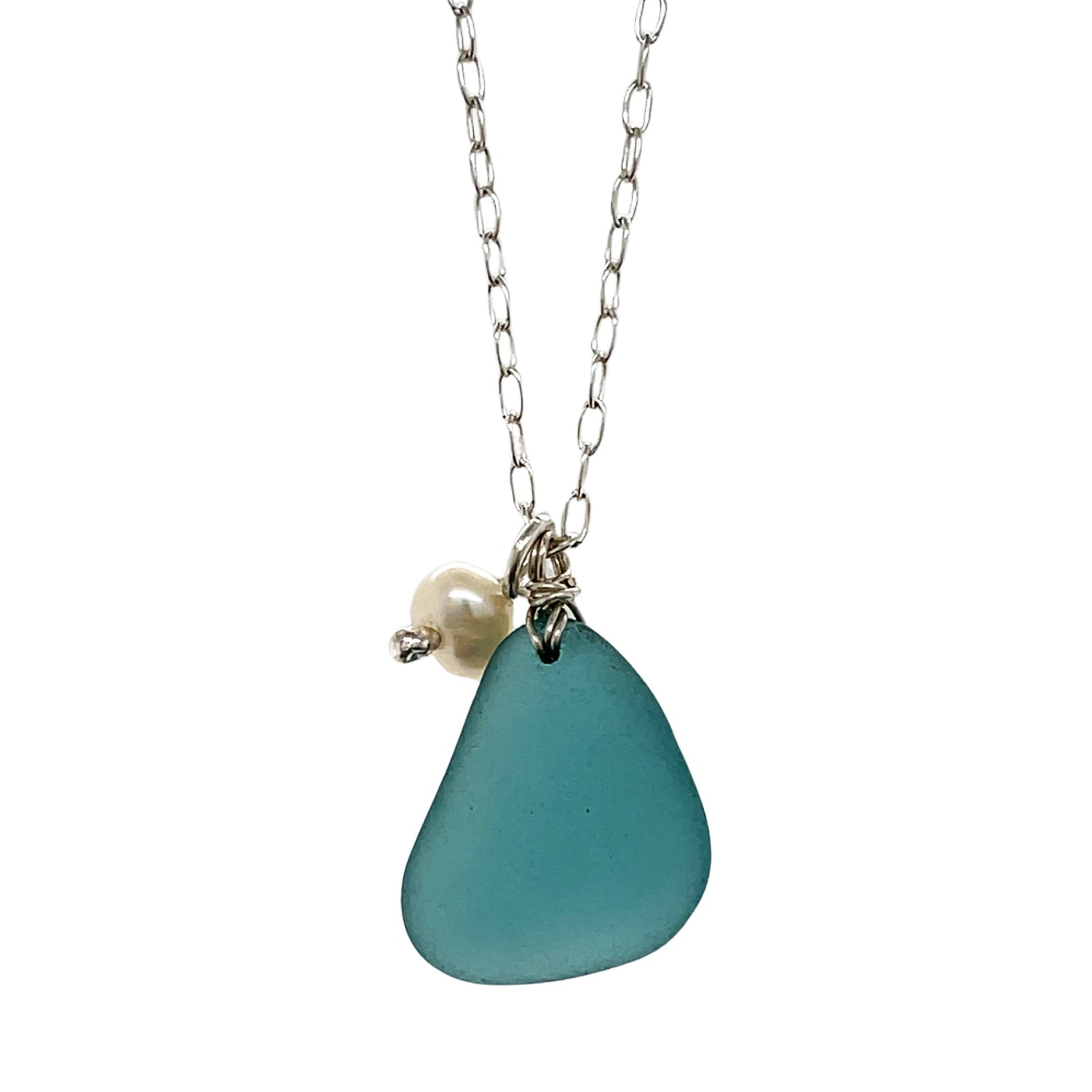 Turquoise &amp; Pearl Silver Necklace - Sea Glass Necklace