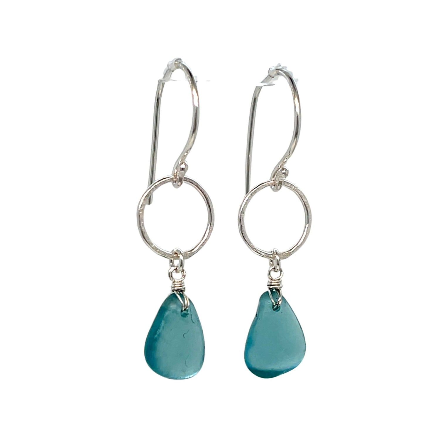 Turquoise Sea Glass Circle Silver Earrings