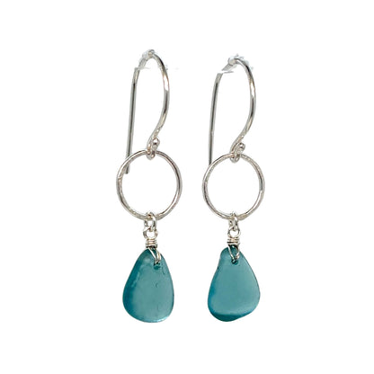 Turquoise Sea Glass Circle Silver Earrings