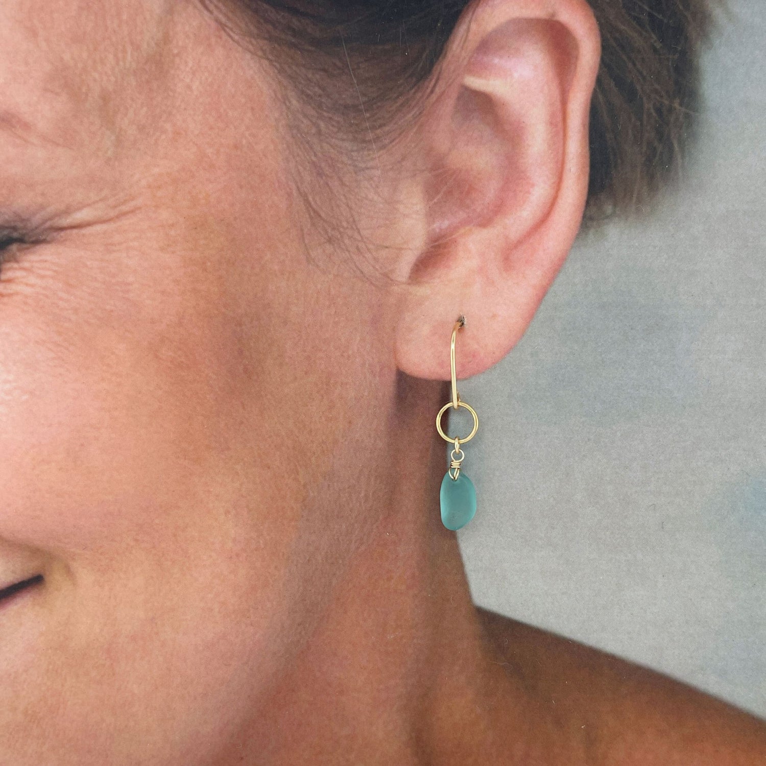 Turquoise Sea Glass Gold Circle Earrings