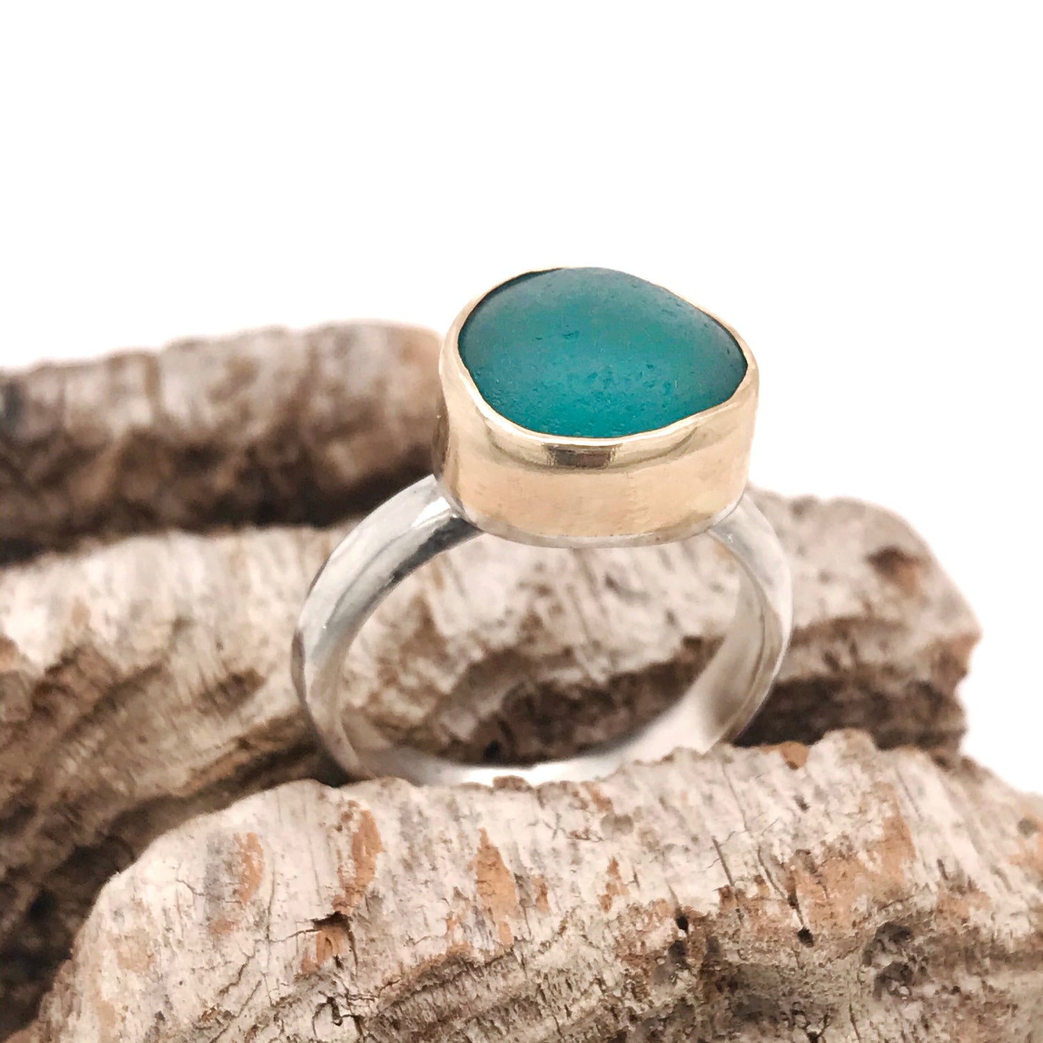 Teal Seaglass Ring – Sterling Silver with Gold Bezel – Made to Order