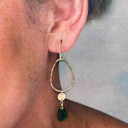 handmade gold earrings organic hoop with deep green sea glass dangles Kriket Broadhurst jewellery Queensland