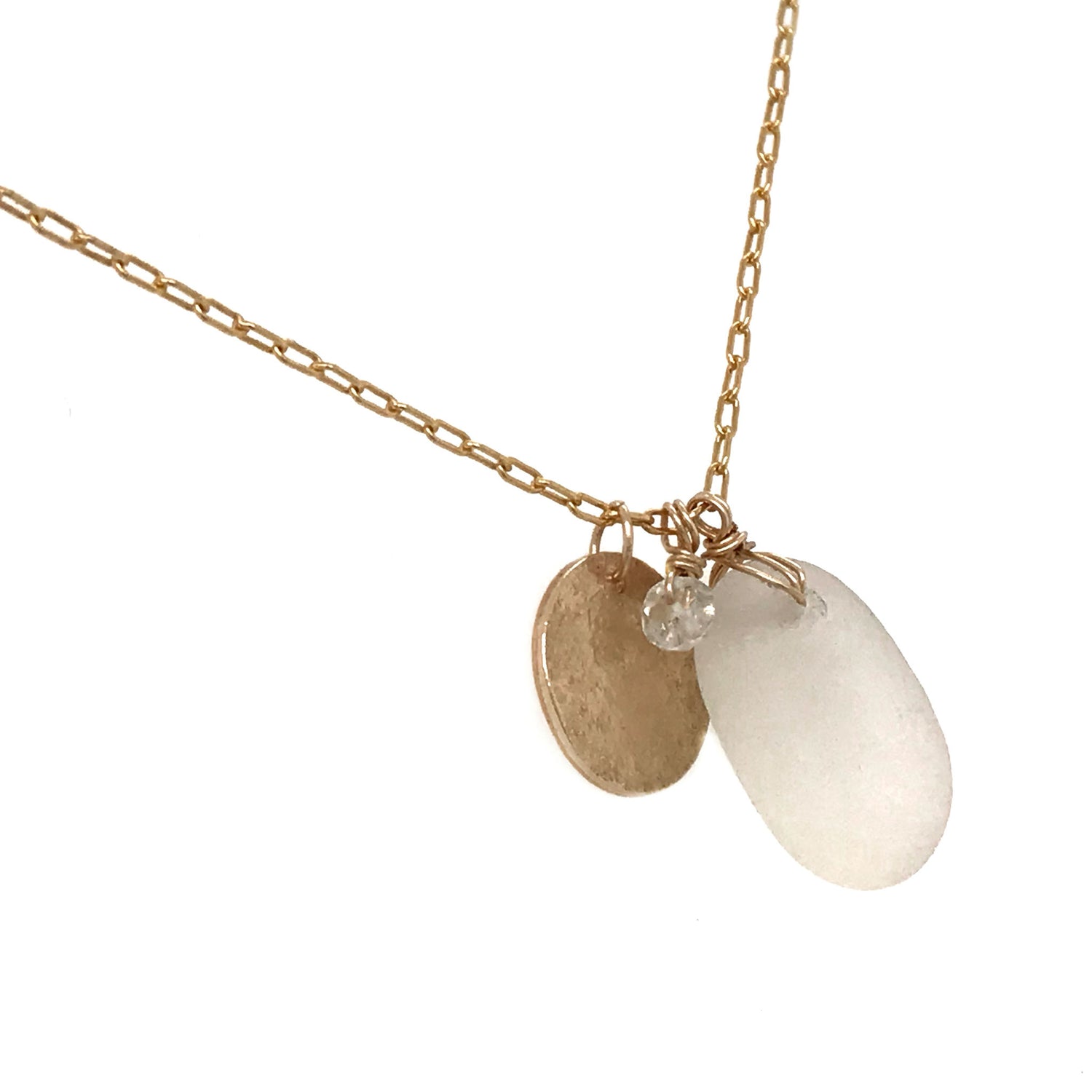 gold disc charm necklace with clear seaglass pendant kriket broadhurst jewellery