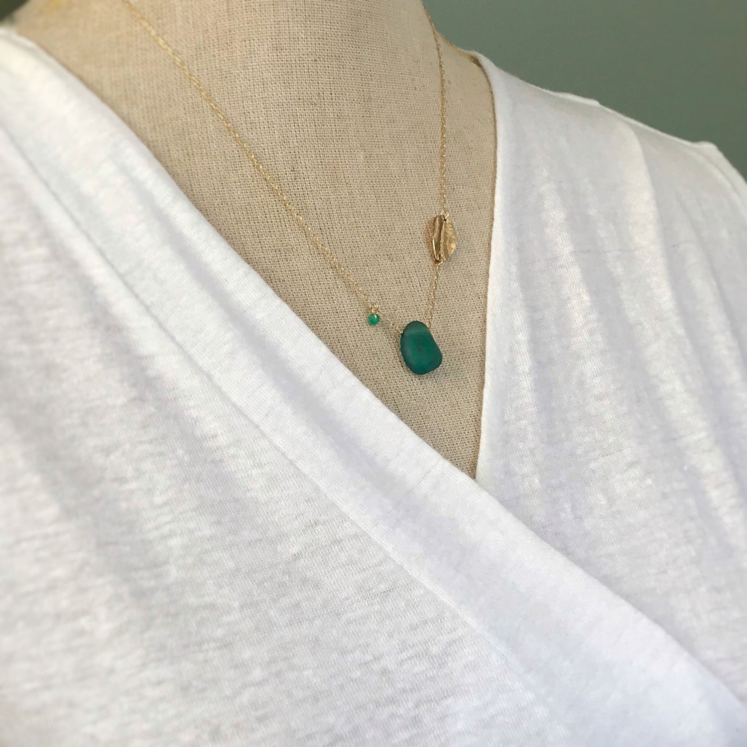 Teal Sea Glass Gold Necklace with Gold Leaf Charm