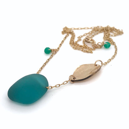 Teal Sea Glass Gold Necklace with Gold Leaf Charm