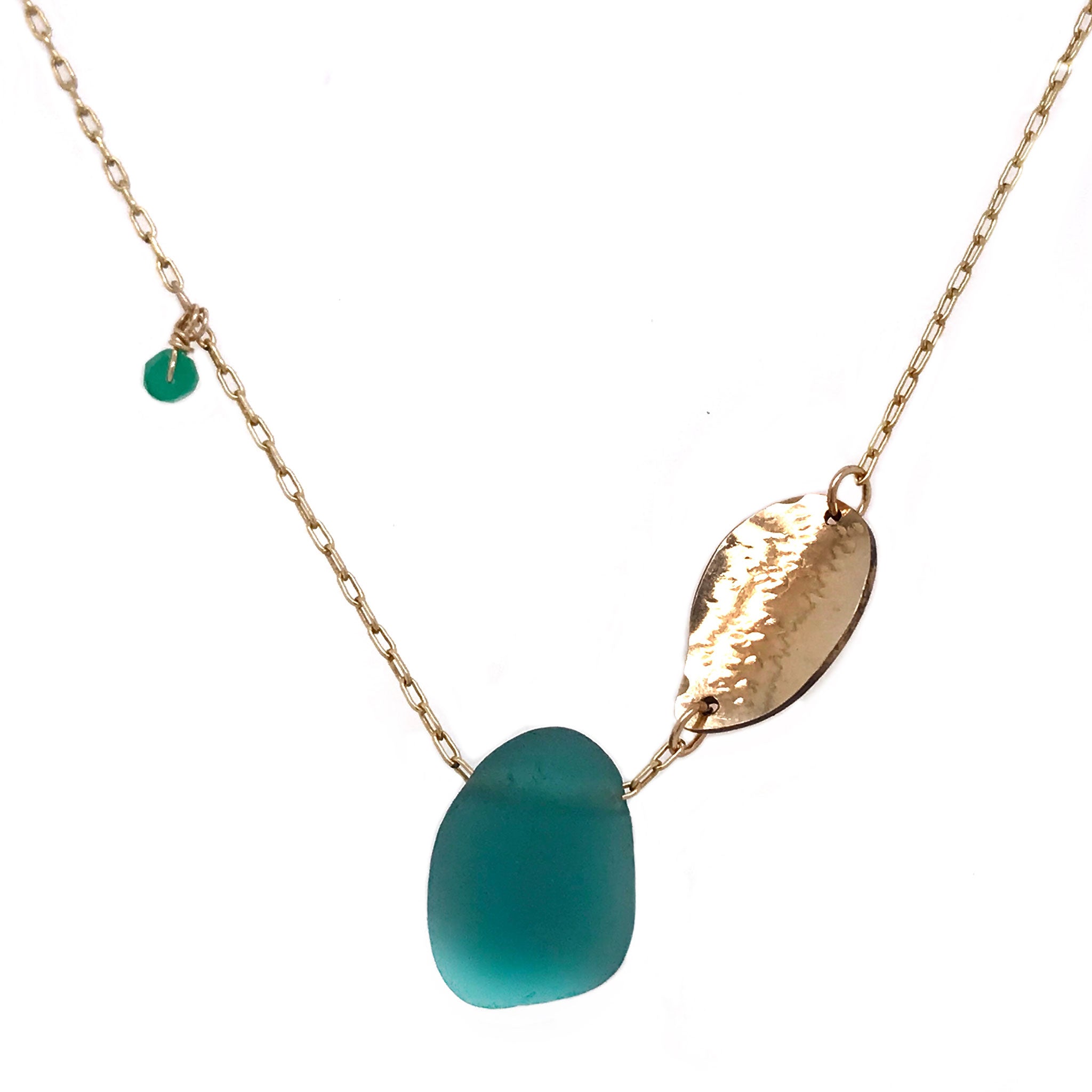 teal green seaglass necklace with gold leaf charm Kriket Broadhurst jewellery
