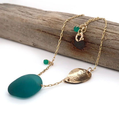 teal green beach glass necklace with gold leaf charm Kriket Broadhurst jewellery