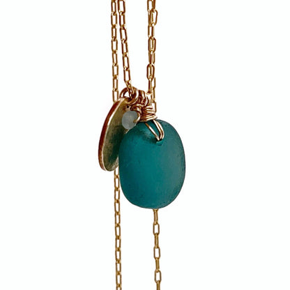 teal-seaglass-necklace-with-gold-disc-charm-kriket-broadhurst-jewellery-Australia