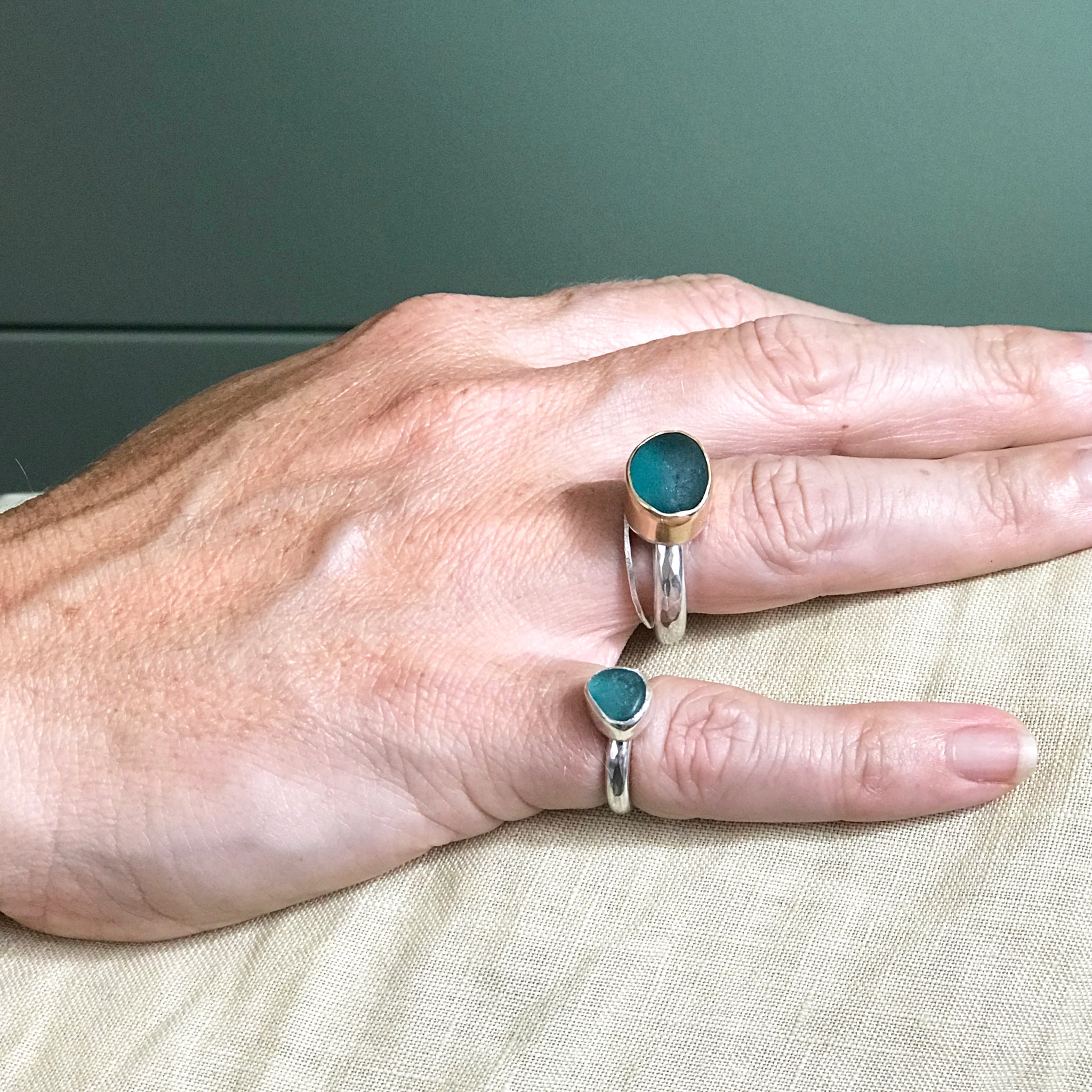 Teal Seaglass Ring – Sterling Silver with Gold Bezel – Made to Order
